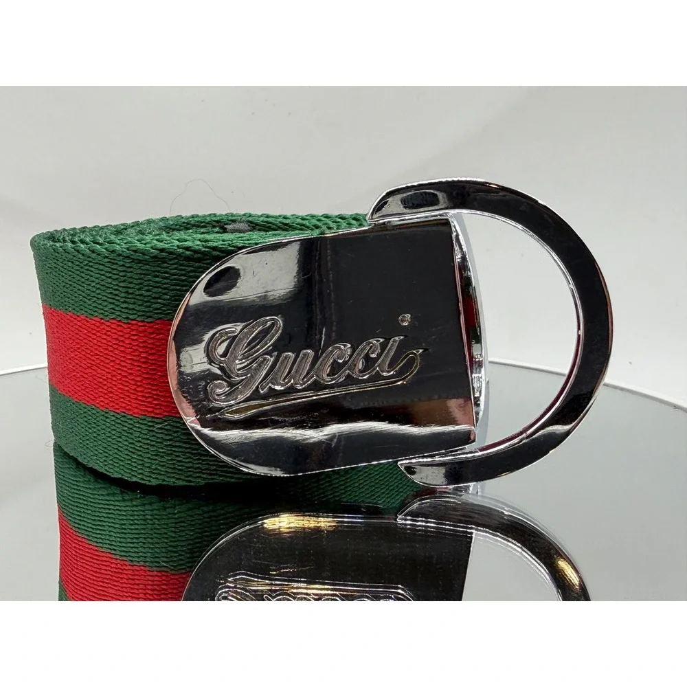 Gucci Green Red Web Stripe Canvas Belt Silver D-Ring Buckle 50 Inch